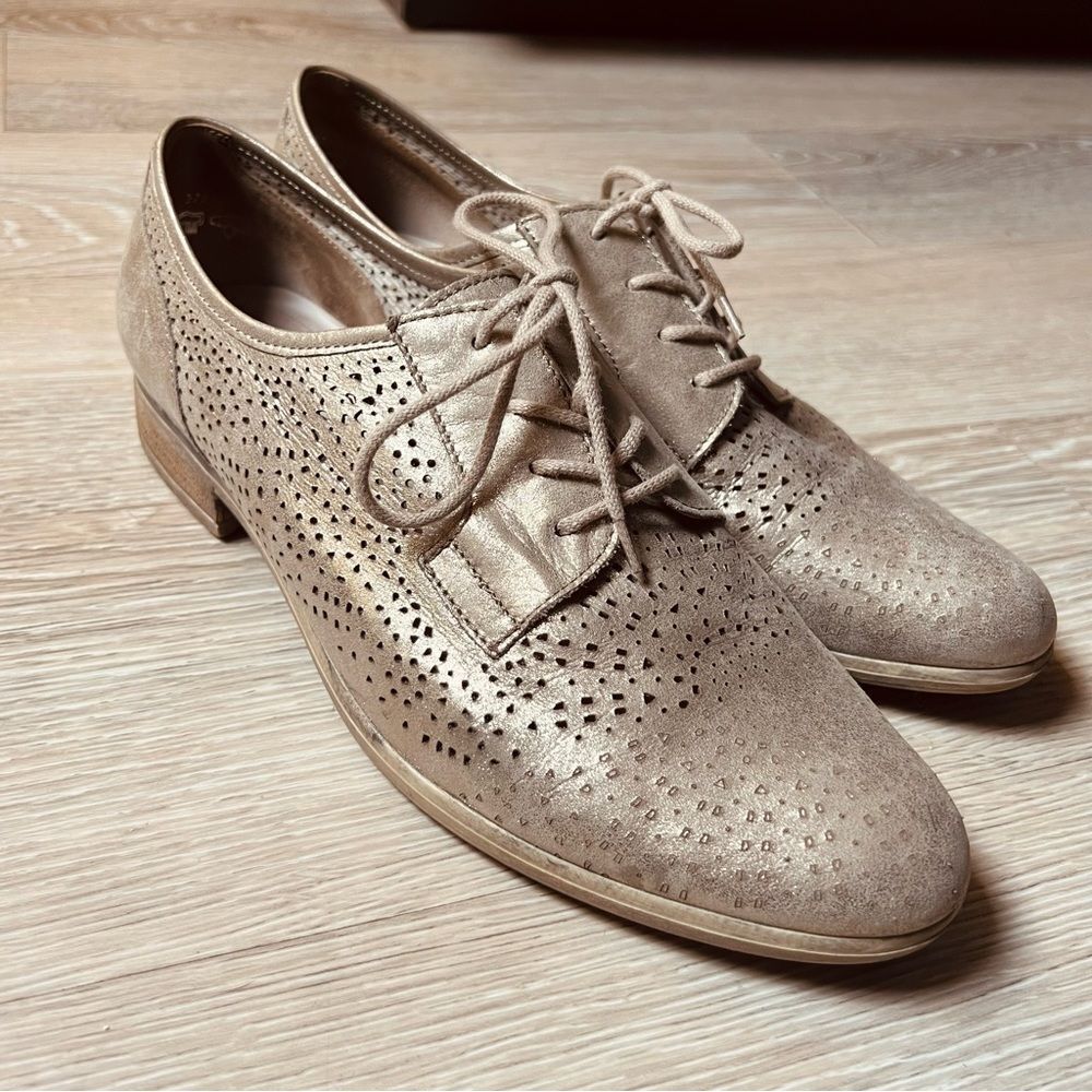 Gabor Metallic Gold Perforated Brushed Leather Oxford Brogue Shoe M 7 W 8.5
